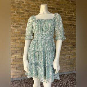 Sage Green Floral Faux Tiered Cottagecore Mini Dress